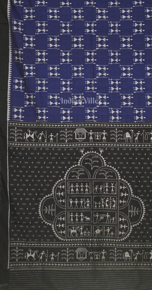 Blue Black Tribal Theme Odisha Ikat sambalpuri Cotton Saree