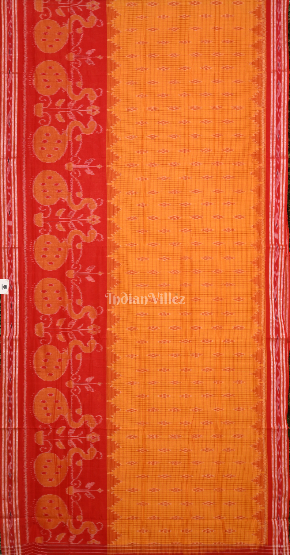 Mustard Yellow Red Peacock Scott Odisha Ikat Maniabandha Cotton Saree 