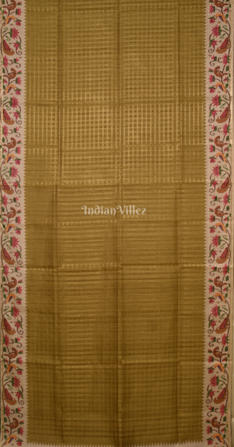 Mehendi Green Beige Check Pattern Tussar Silk Saree