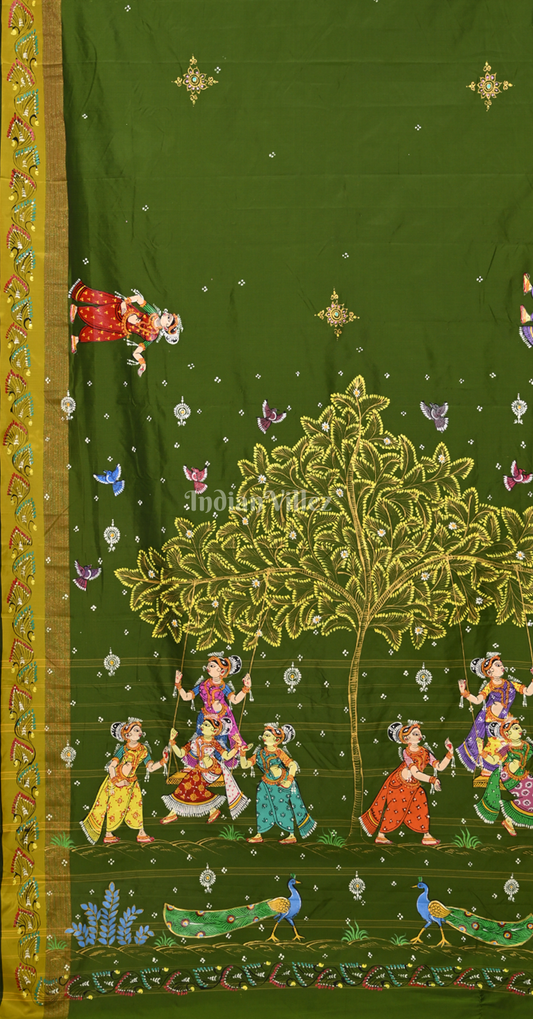 Mehendi Green Raja Doli Theme Hand-Painted Pattachitra Saree 