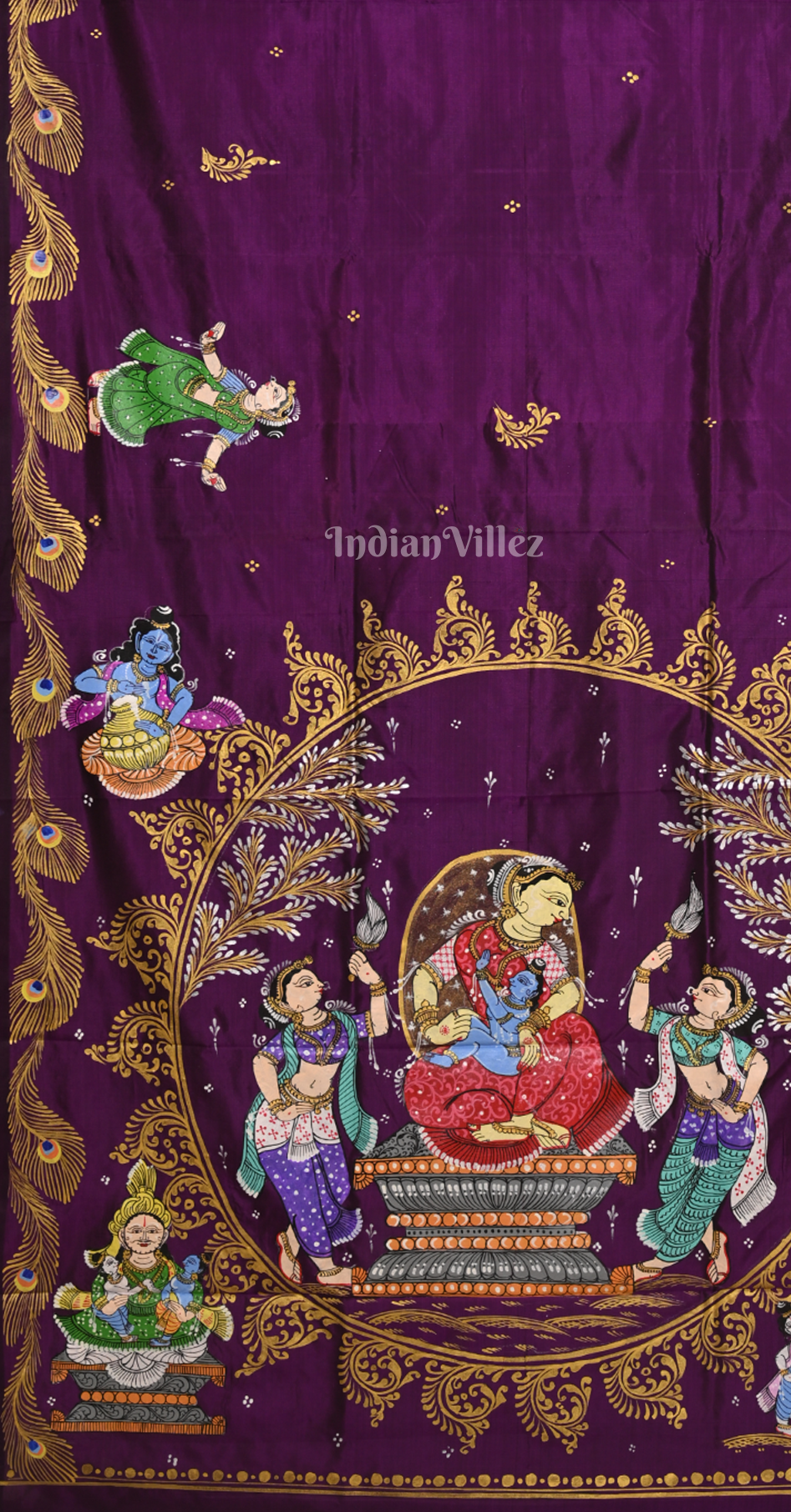 Purple Krishna Janmashtami Theme  Hand-Painted Pattachitra Saree 