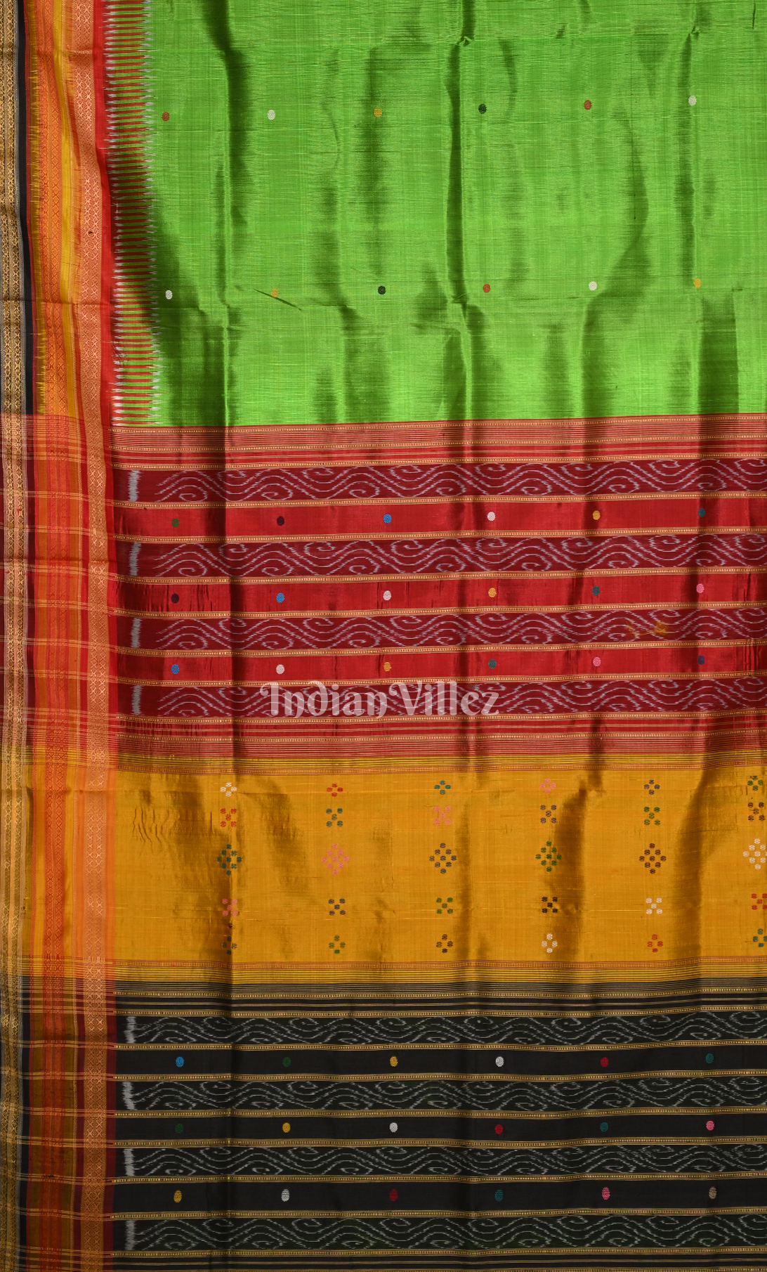 Parrot Green with Multi colour  Kathiphera Odisha Ikat Khandua Silk Saree 