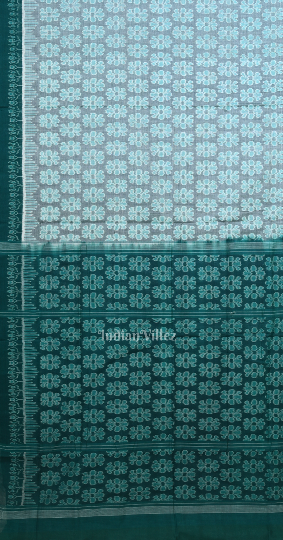 Light Blue Green Floral Theme Odisha Ikat Sambalpuri Cotton Saree 