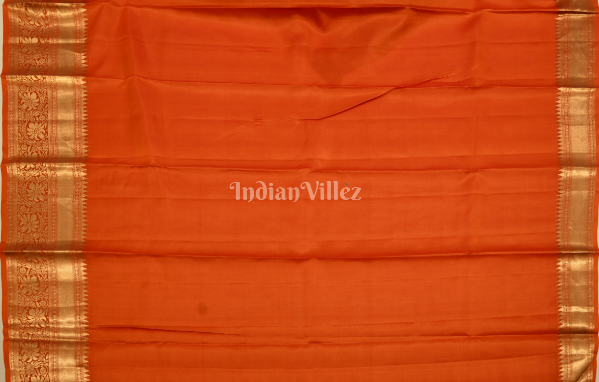 Rust Orange Floral Brocade Pure Kanjivaram Silk Saree