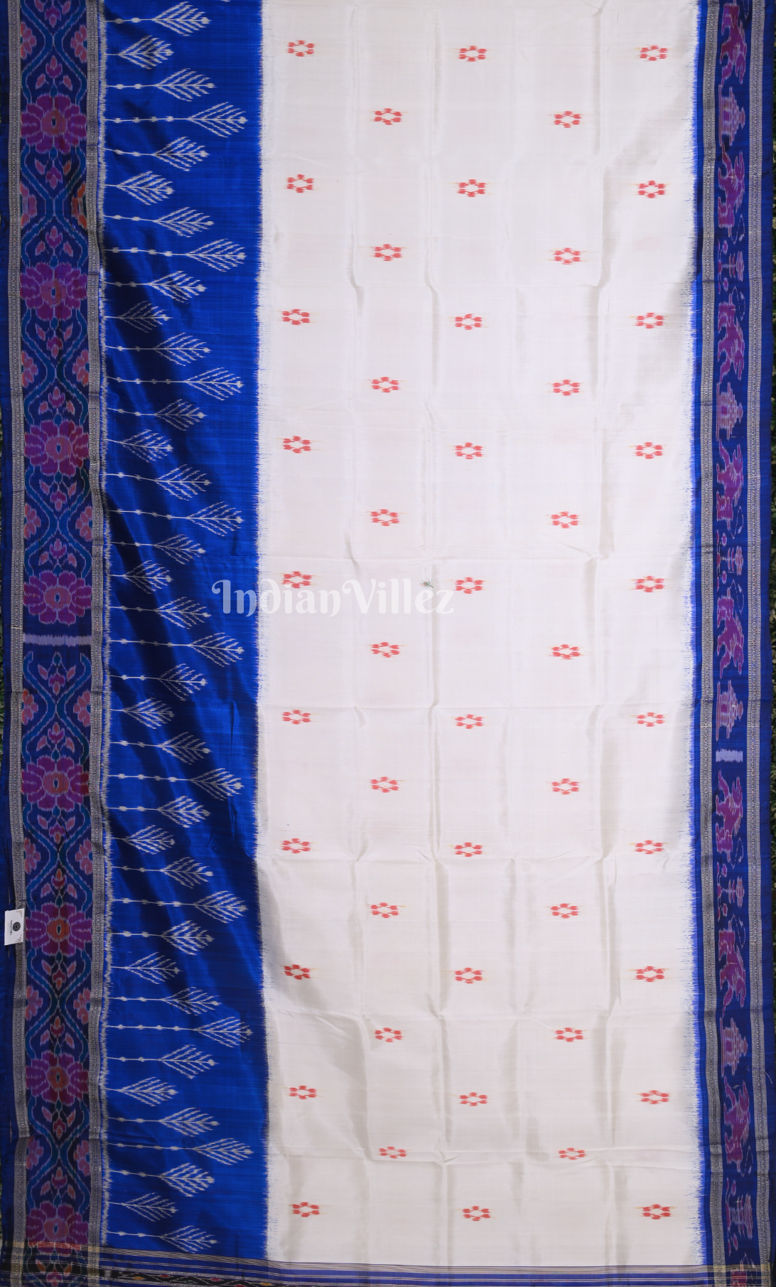 White Blue Dot Half Odisha Ikat Khandua Silk Saree 