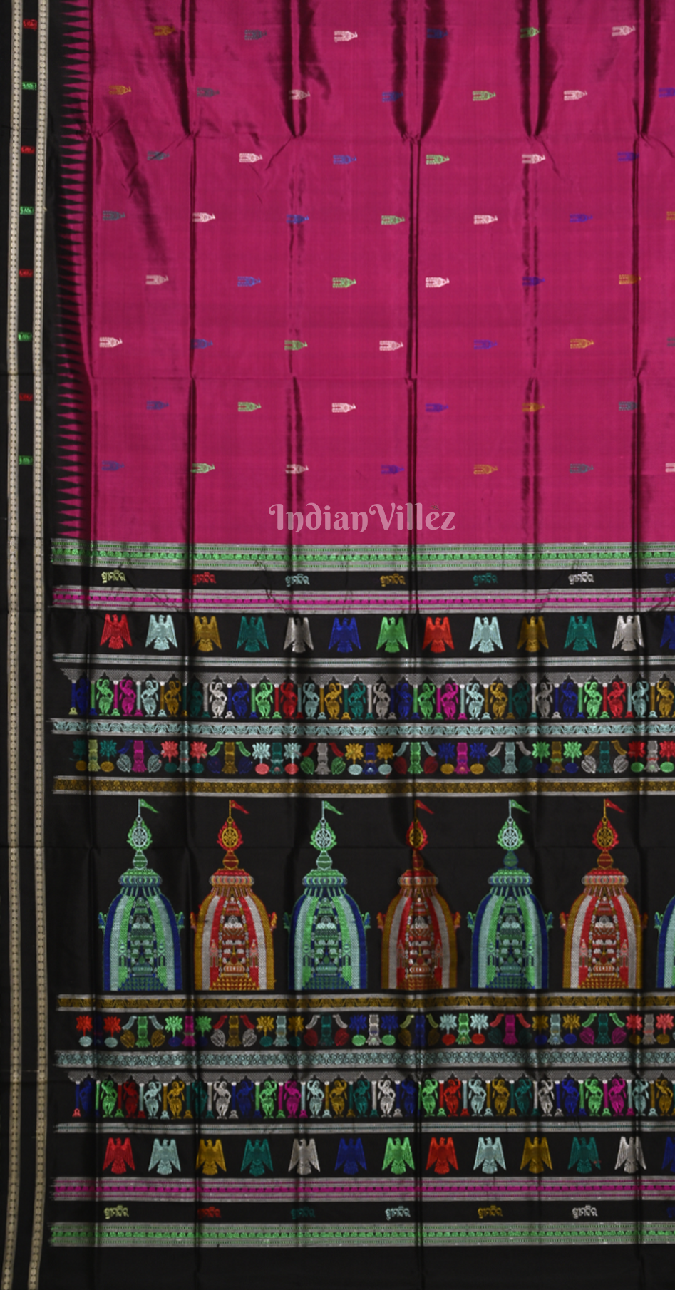 Magenta Pink Black Shree Mandir Theme Bomkai Sambalpuri Silk Saree