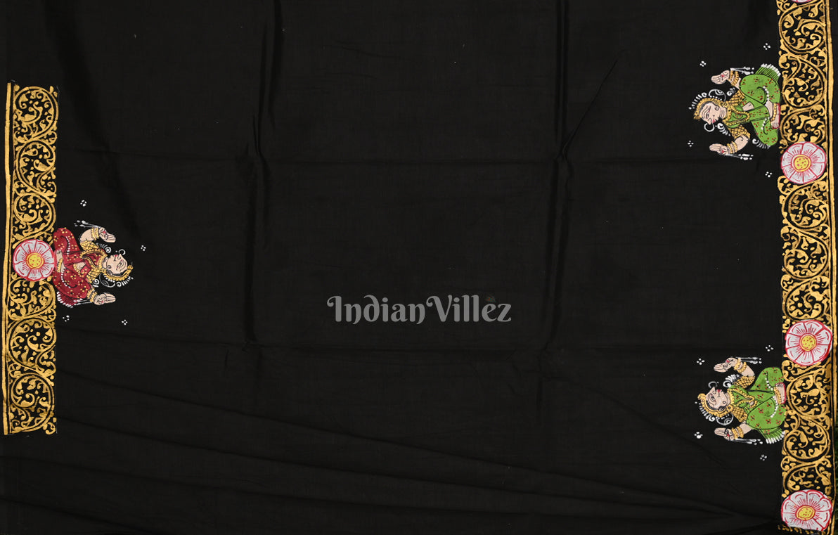 Black Radha Krishna Boita  Bandana Hand-Painted Pattachitra Saree 