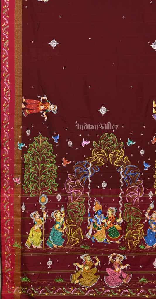 Maroon Radha Krishna Doli Theme Hand-Painted Pattachitra Saree 