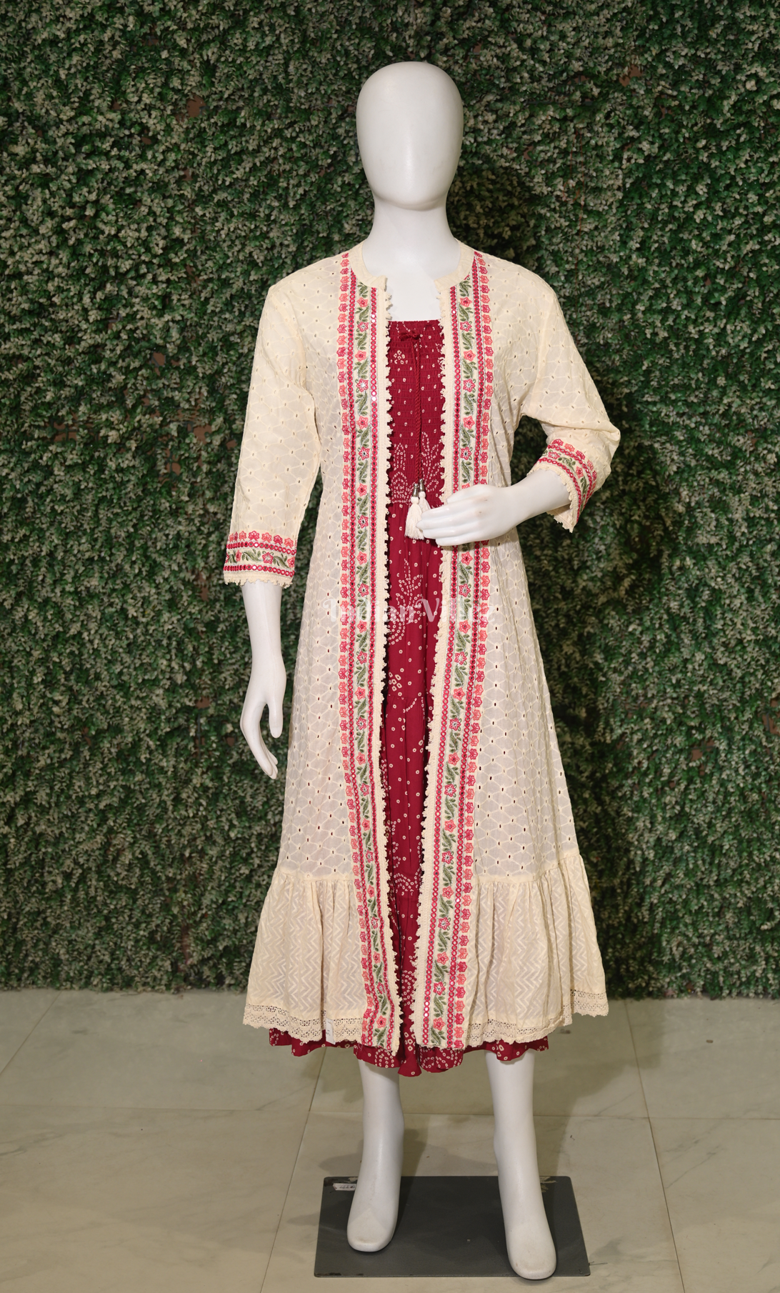 Red with Multicolor Floral Printed Shrug Gown