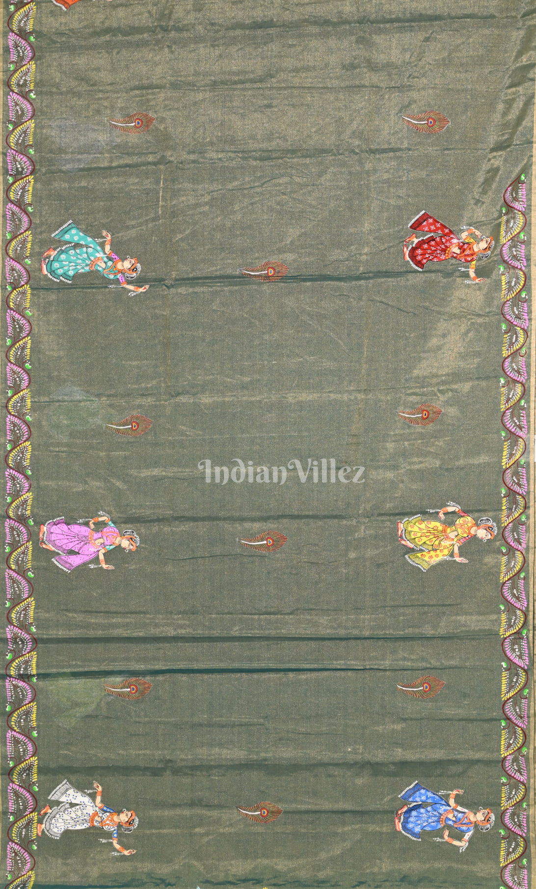 Light Blue Dual Tone Krishna Rasa Leela Hand-Painted Pattachitra Saree