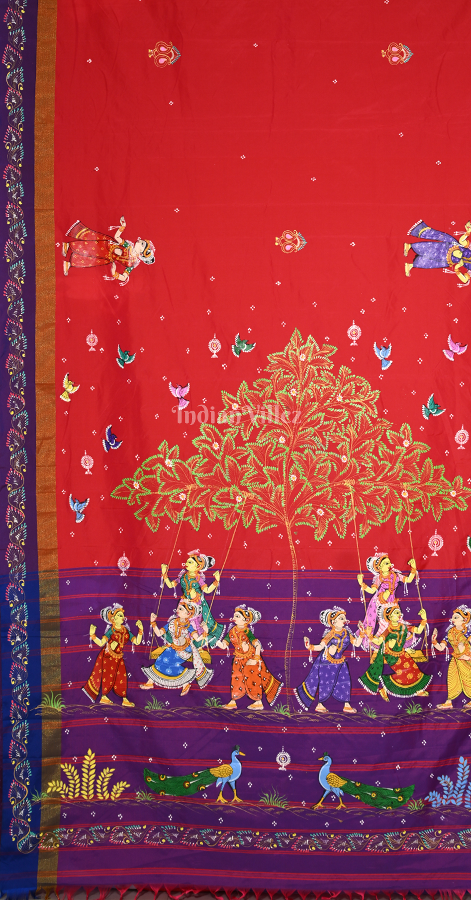 Red Purple Raja Doli Theme Hand-Painted Pattachitra Saree