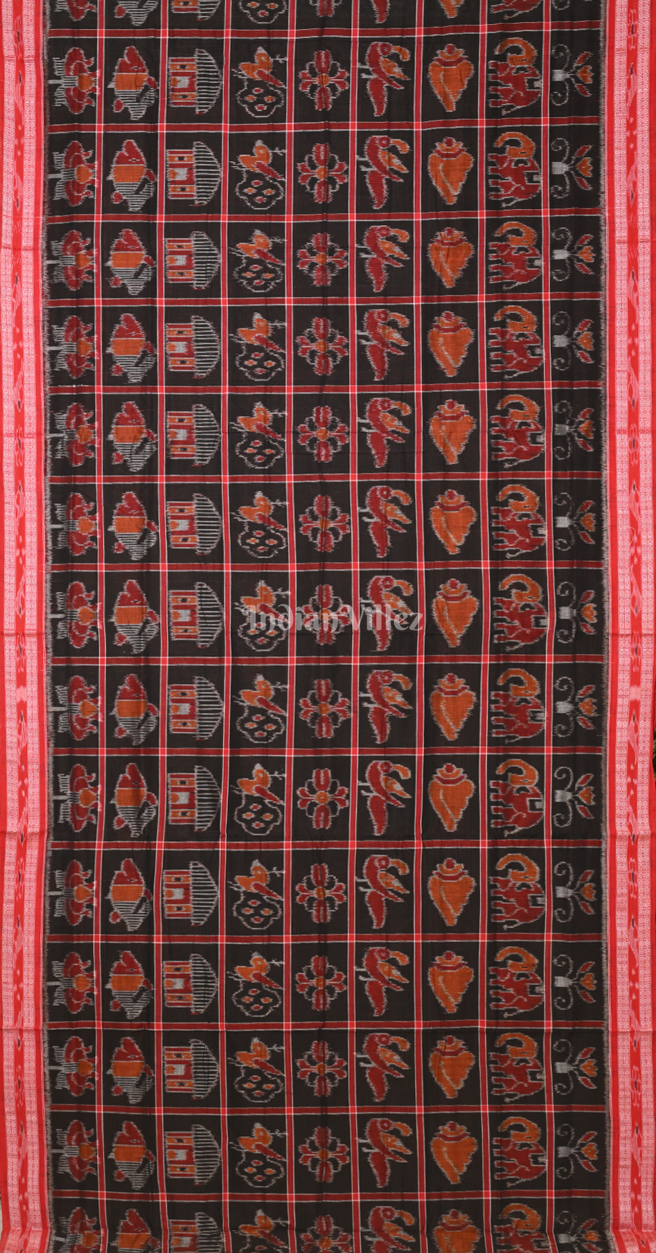 Black Maroon Nabakothi Odisha Ikat Sambalpuri Cotton Saree with Jungle Theme Anchal