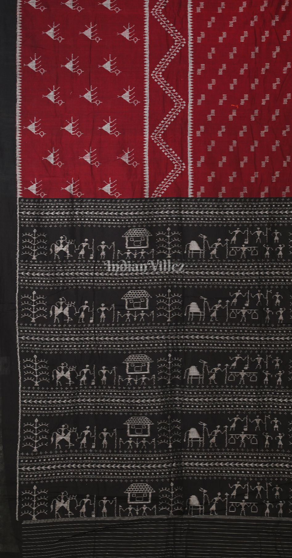 Maroon Black Tribal Theme Odisha Ikat Sambalpuri Cotton Saree 