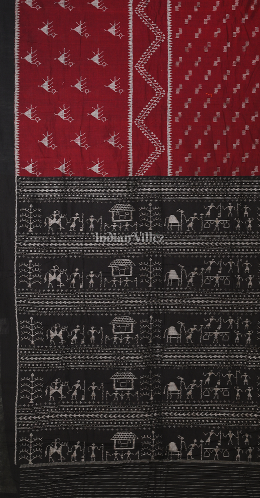 Maroon Black Tribal Theme Odisha Ikat Sambalpuri Cotton Saree 