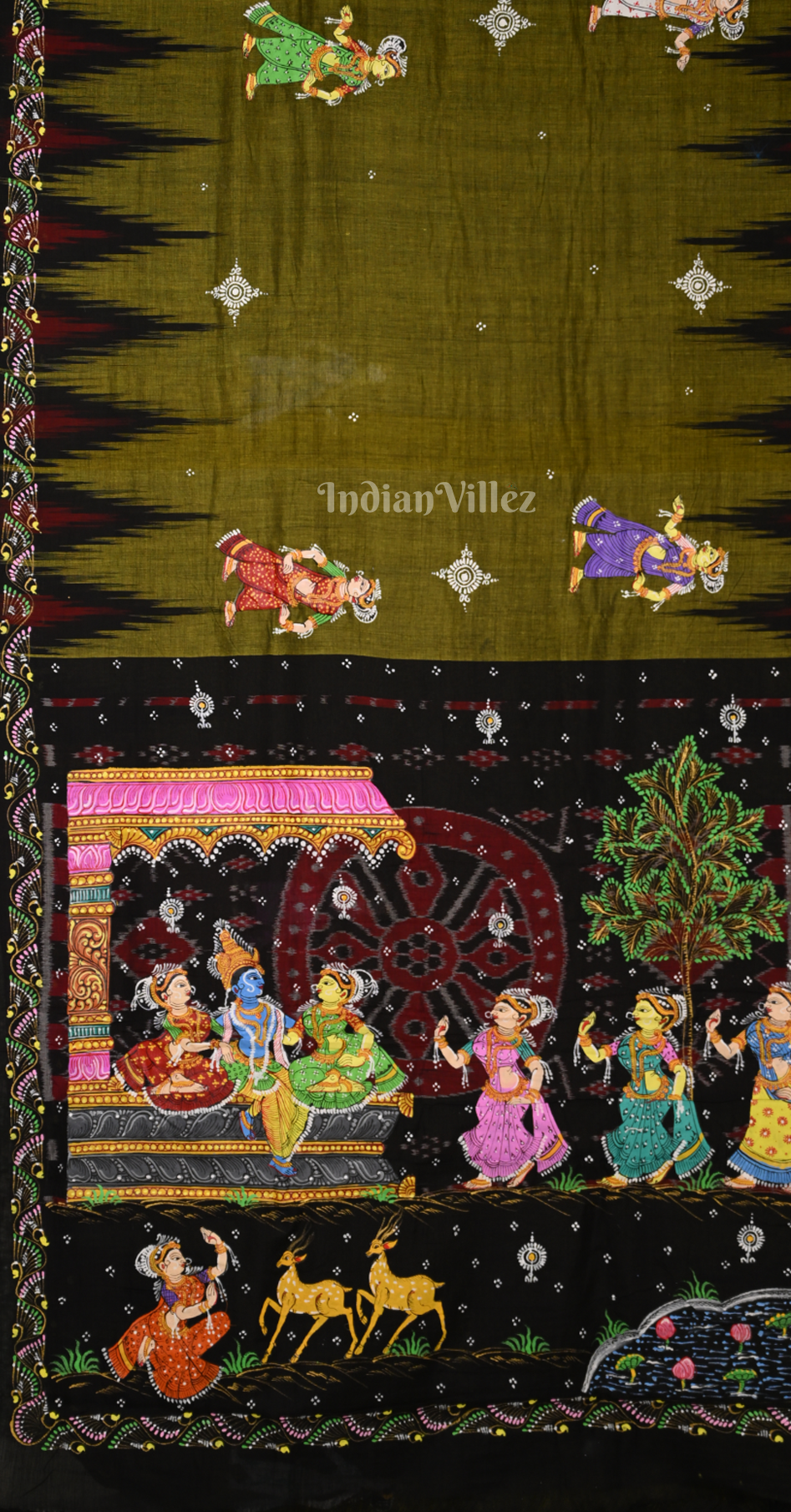 Mehendi Green Black Krishna Raas Leela Hand-Painted Pattachitra Saree