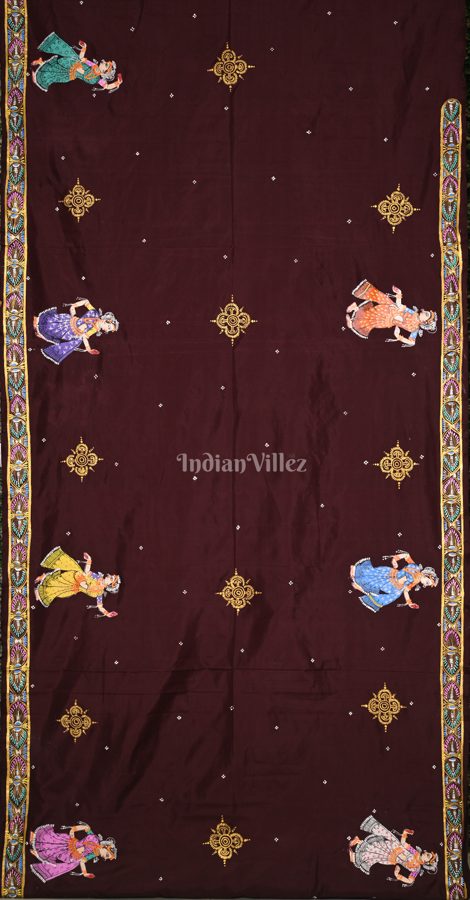 Coffee Beige Peacock (Mayur) & Nartaki Theme  Hand-Painted Pattachitra Saree