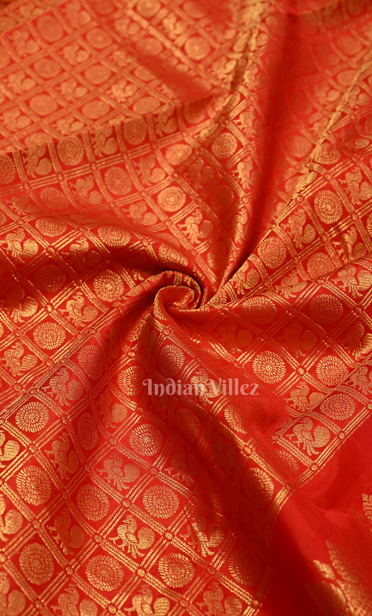 Exclusive Hot Bridal Red with Golden Brocade Pure Kanjivaram Silk Saree 