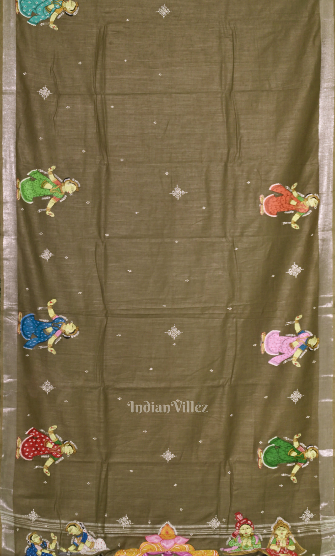 Grey Doli Barat Theme Hand-Painted Pattachitra Saree 