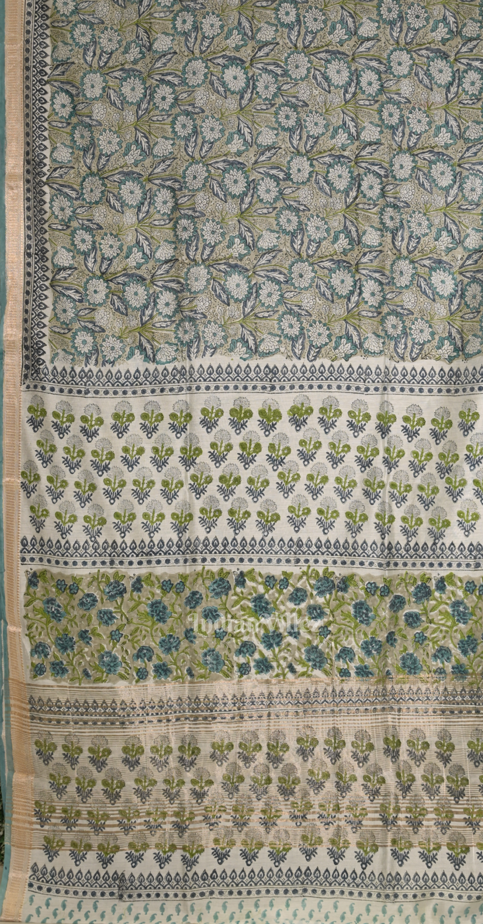 Grey with Multi Colour Block Printed Sanganeri Cotton Saree