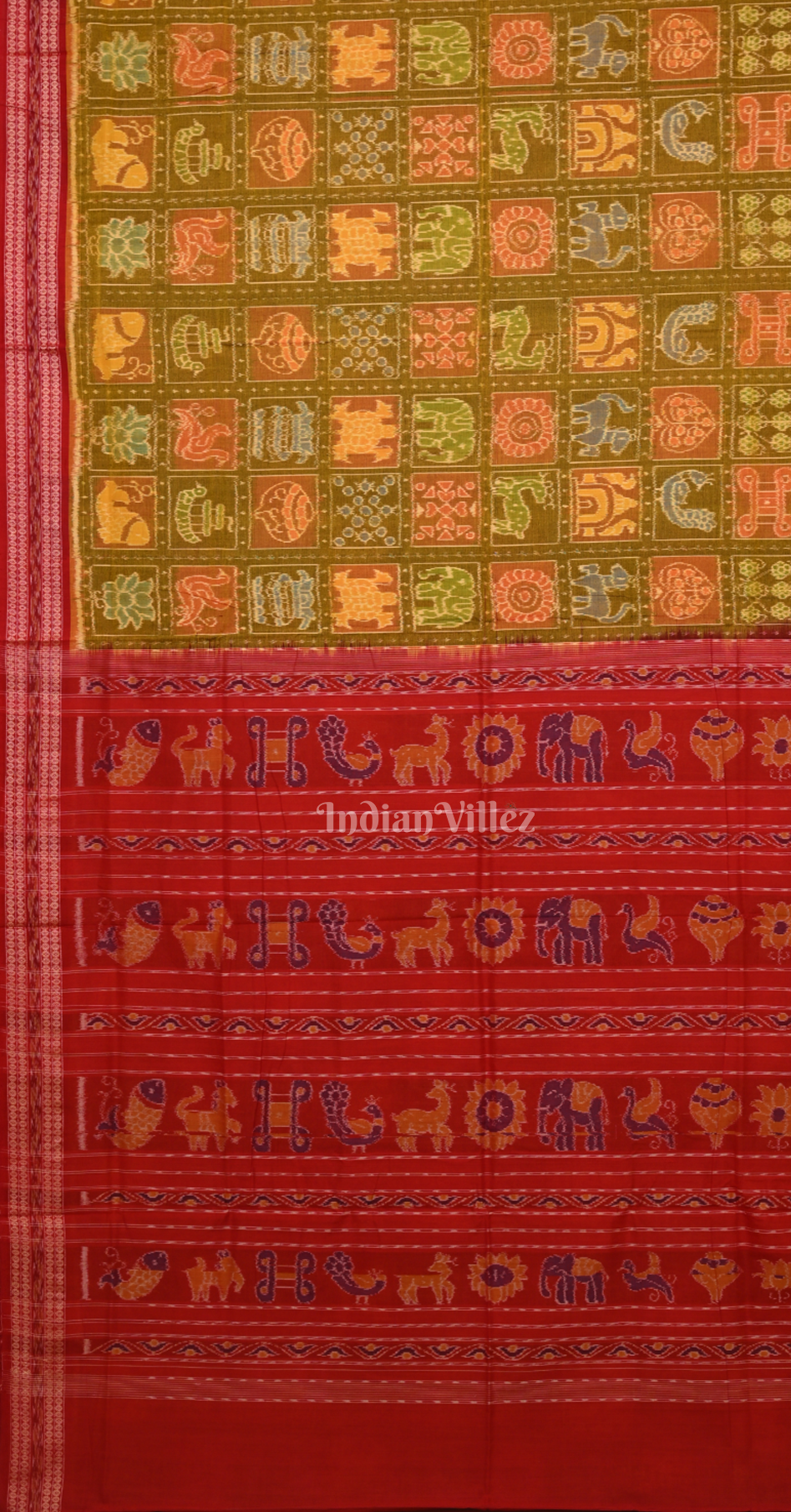 Moss Green Red Nabakothi Odisha Ikat Sambalpuri Cotton Saree 