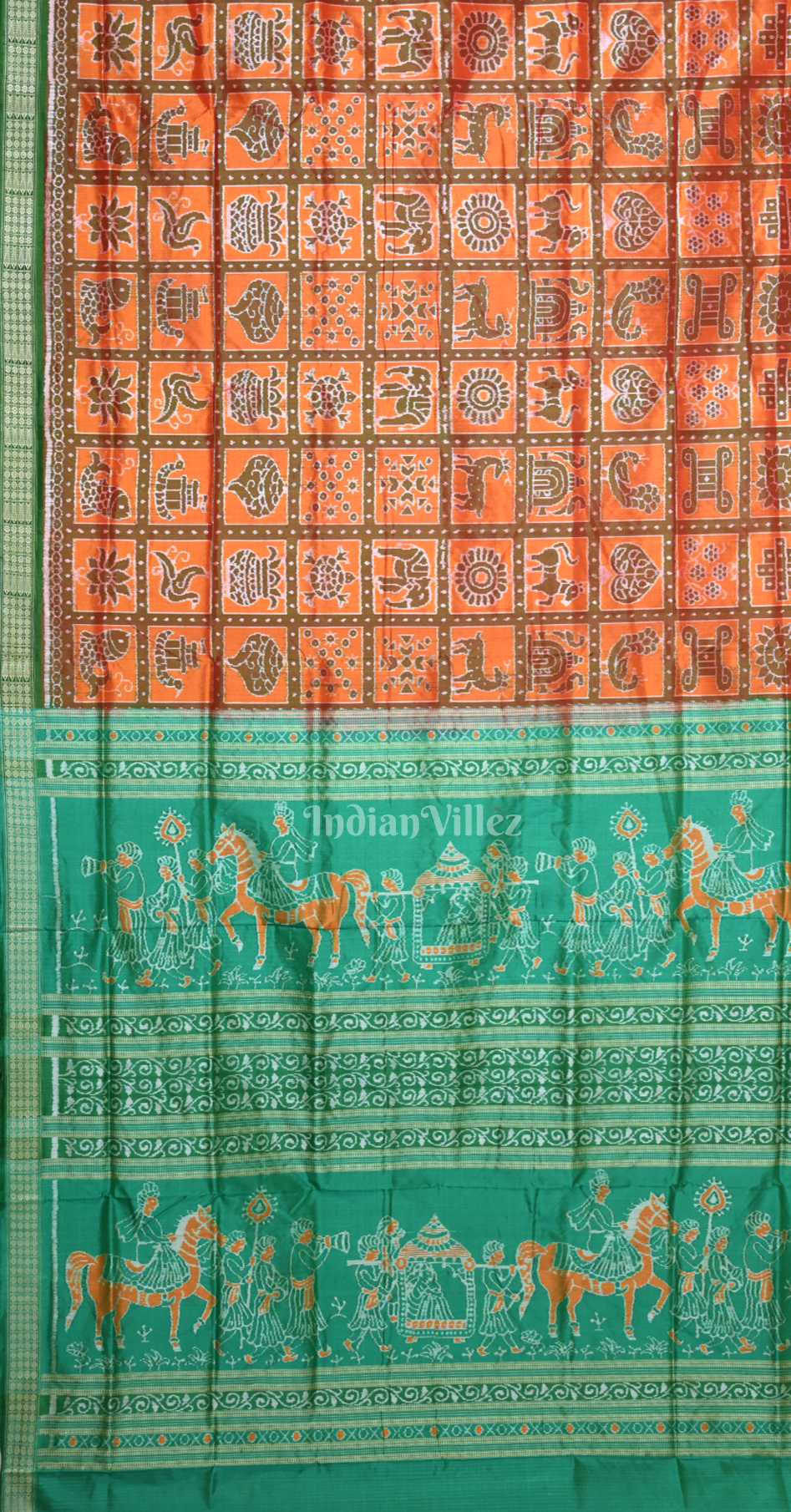 Rust Orange with Sea Green Nabakothi Odisha Ikat Sambalpuri Silk Saree 