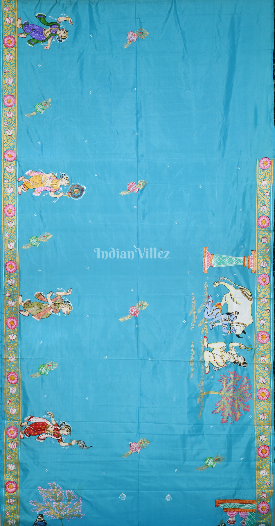 Sky Blue Krishna Janmashtami Theme  Hand-Painted Pattachitra Saree