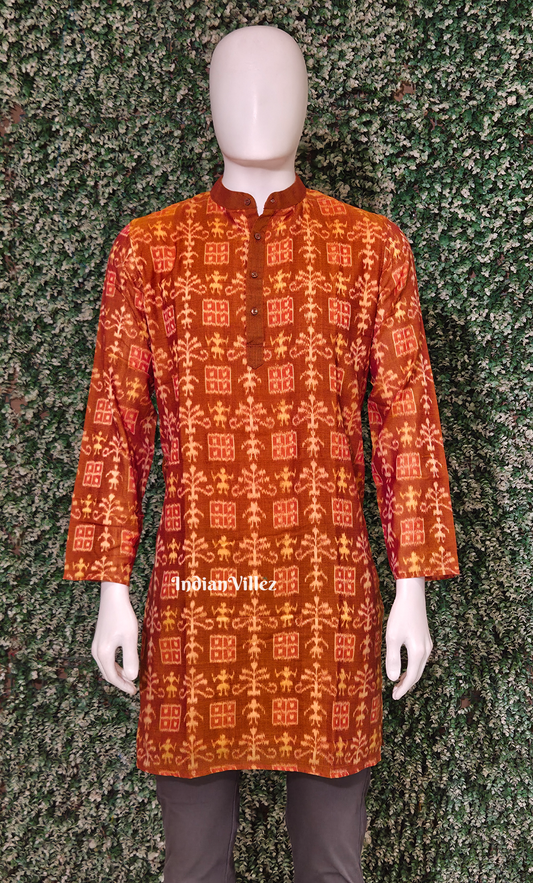 Rust Orange Tribal Theme Odisha Ikat Cotton Kurta for Men