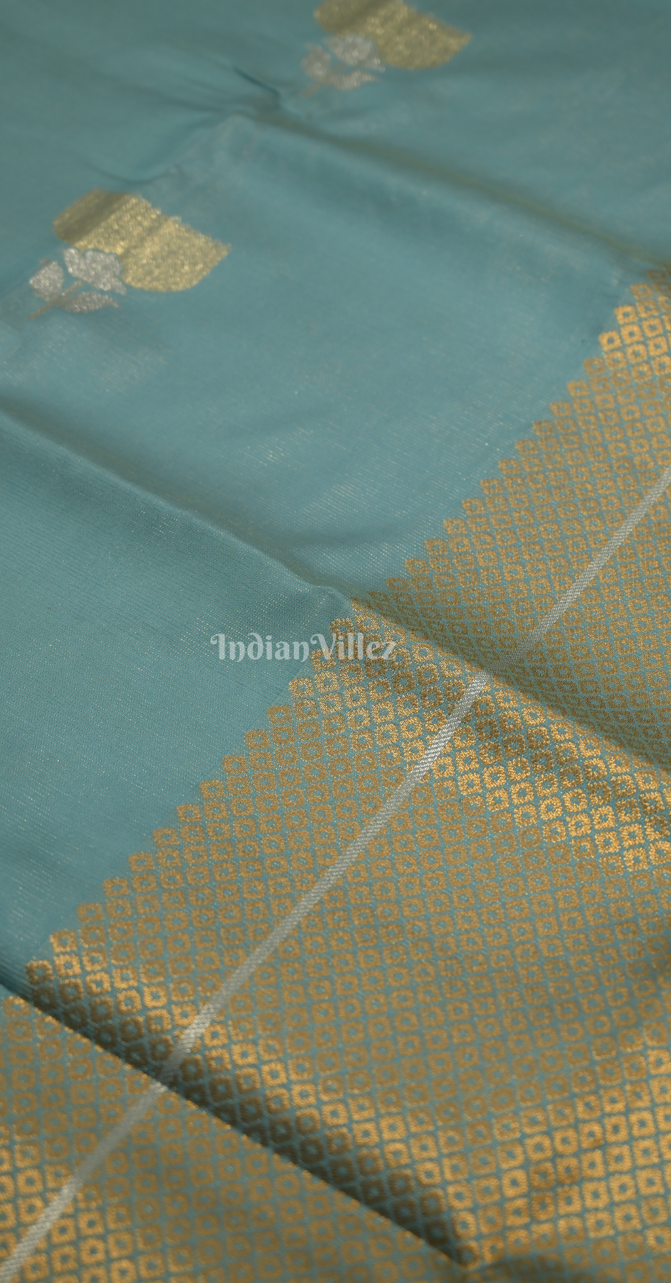 Sea Green Golden Zari Base Designer Lotus Saree 