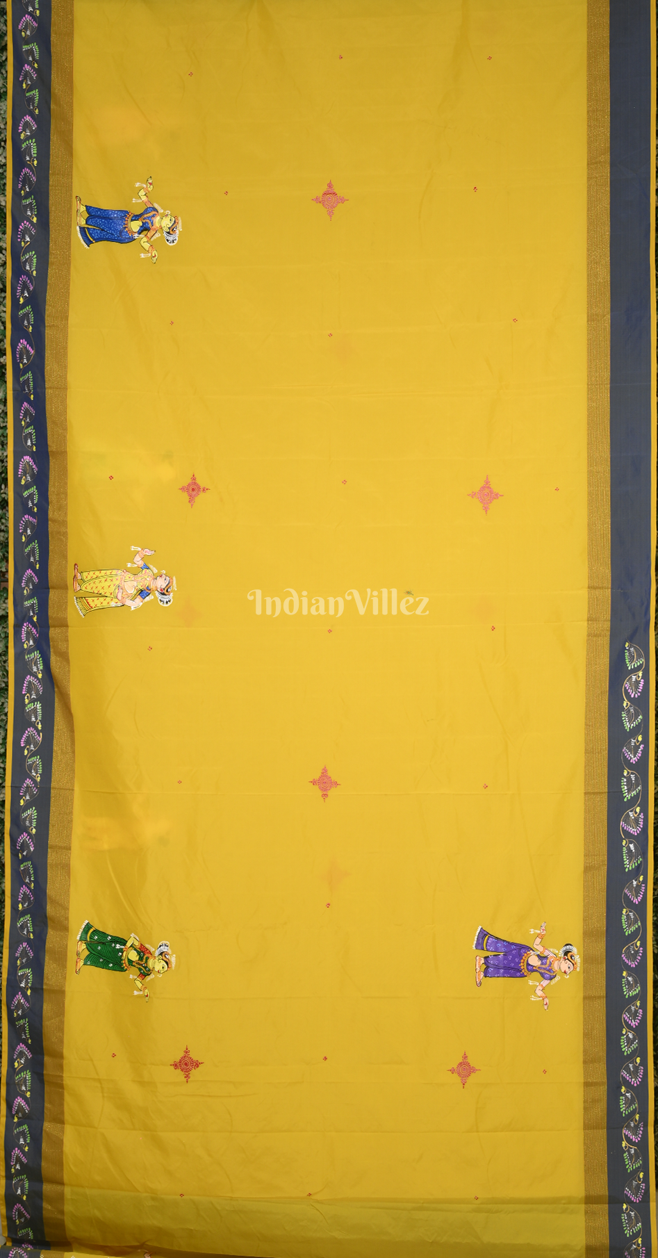 Yellow  Grey Radha Krishna Doli Theme Hand-Painted Pattachitra Saree