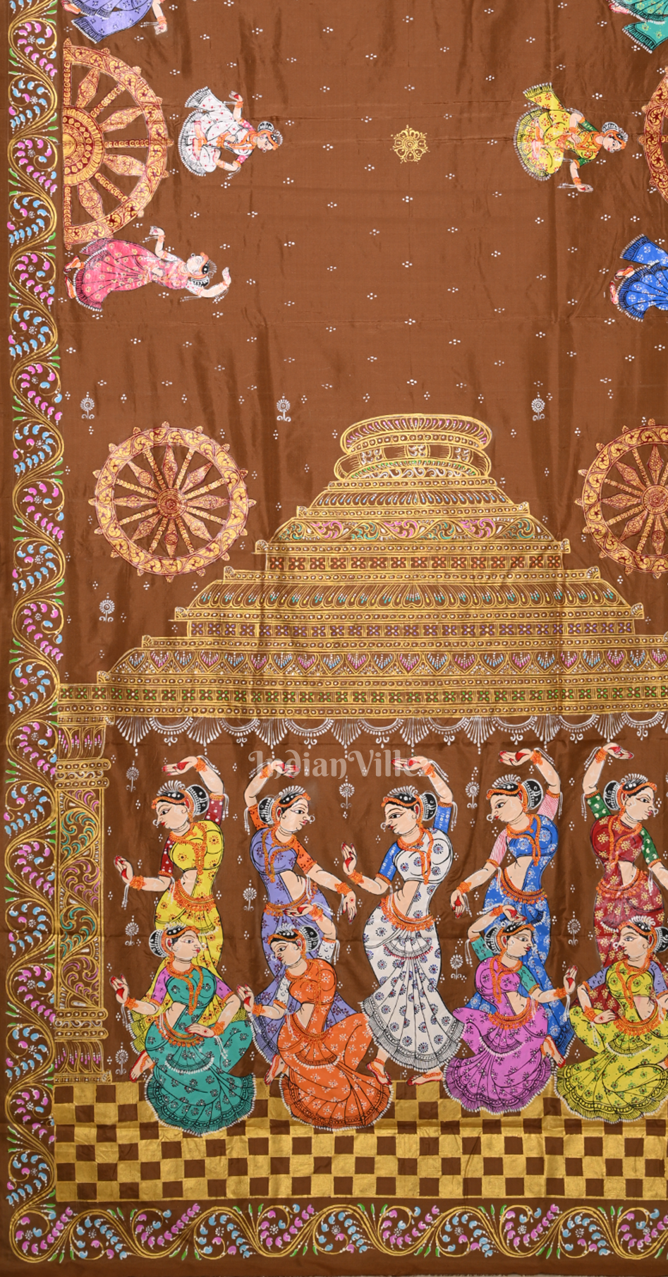 Brown Nartaki Konark Temple Hand-Painted Pattachitra Saree 