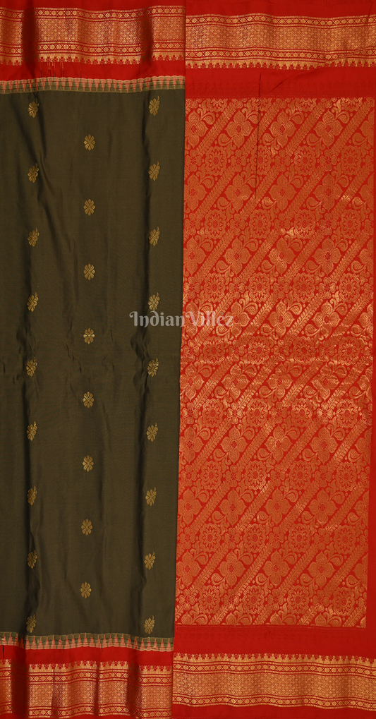 Olive Green Red Butta Design Pure Gadwal Silk Saree 