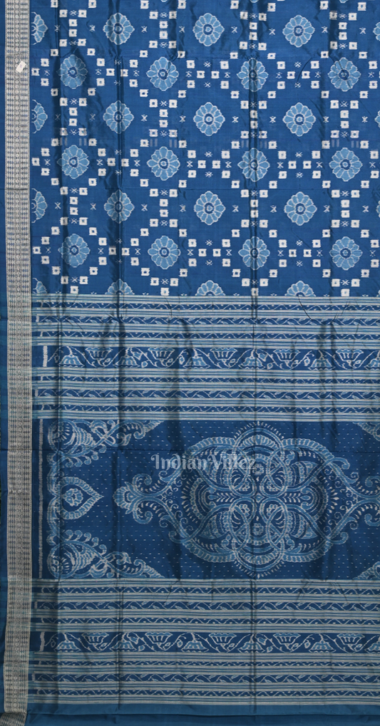 Peacock Blue Pasapali & Flower  Design Odisha Ikat Sambalpuri Silk Saree
