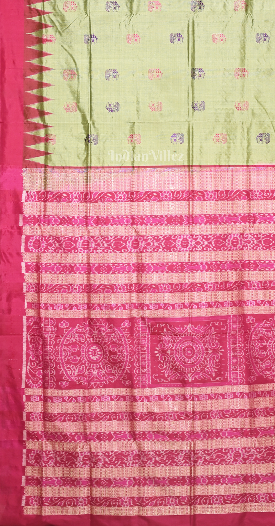 Pista Green Pink Buti Design Odisha Ikat Bomkai Sambalpuri Silk Saree 