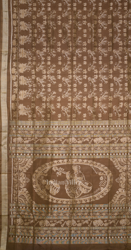 Mashroom Brown Veena Motif Odisha Ikat Sambalpuri Silk Saree 
