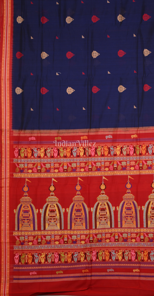 Royal Blue Red Shree Mandir Theme Odisha Ikat Bomkai Cotton Saree