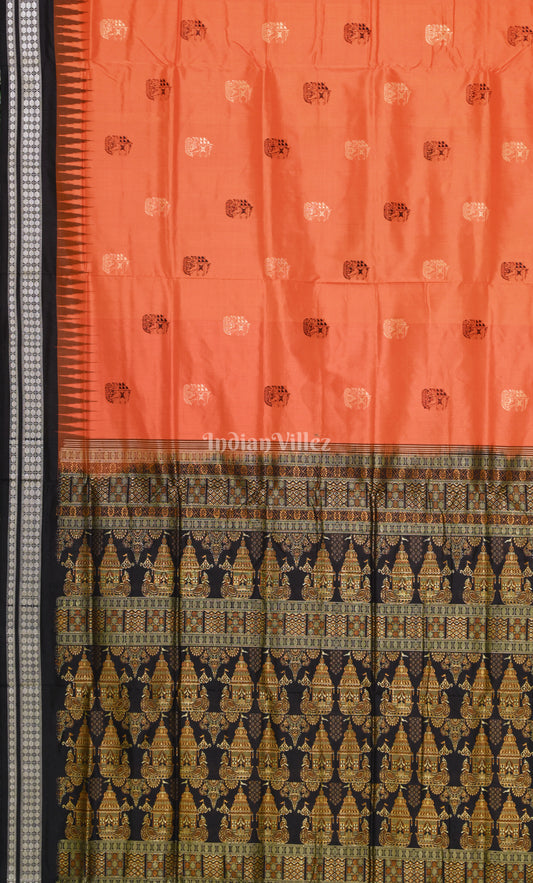 Orange Black Odisha Ikat Bomkai Sambalpuri Silk Saree