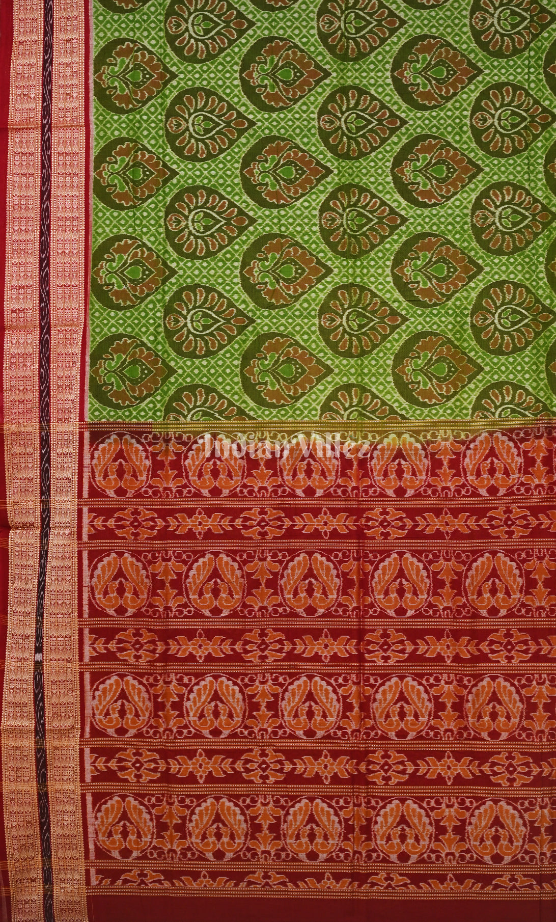  Green Red  Flower Motif Odisha Ikat Sambalpuri Cotton Saree 