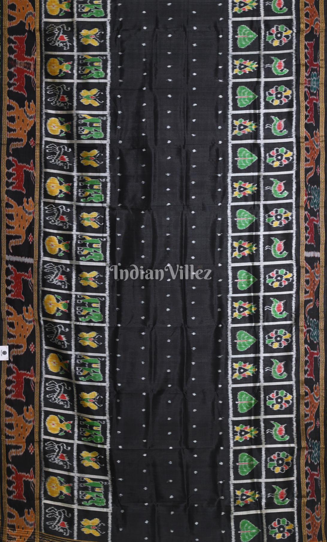 Black Dot Half Nabakothi Border Odisha Ikat Khandua Silk Saree with Jungle Anchal