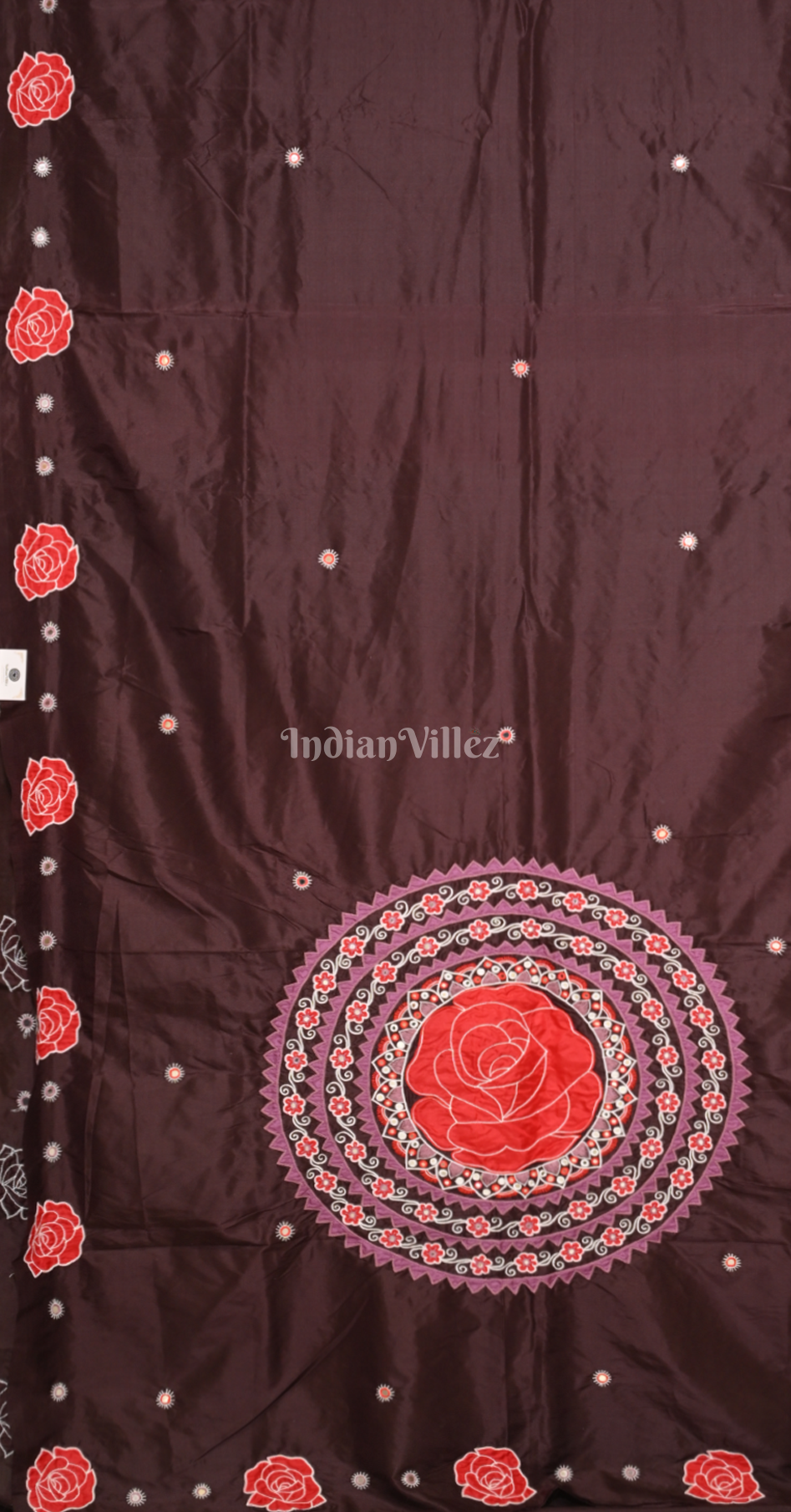 Coffee Red Hand Embroidered Applique Work Saree 