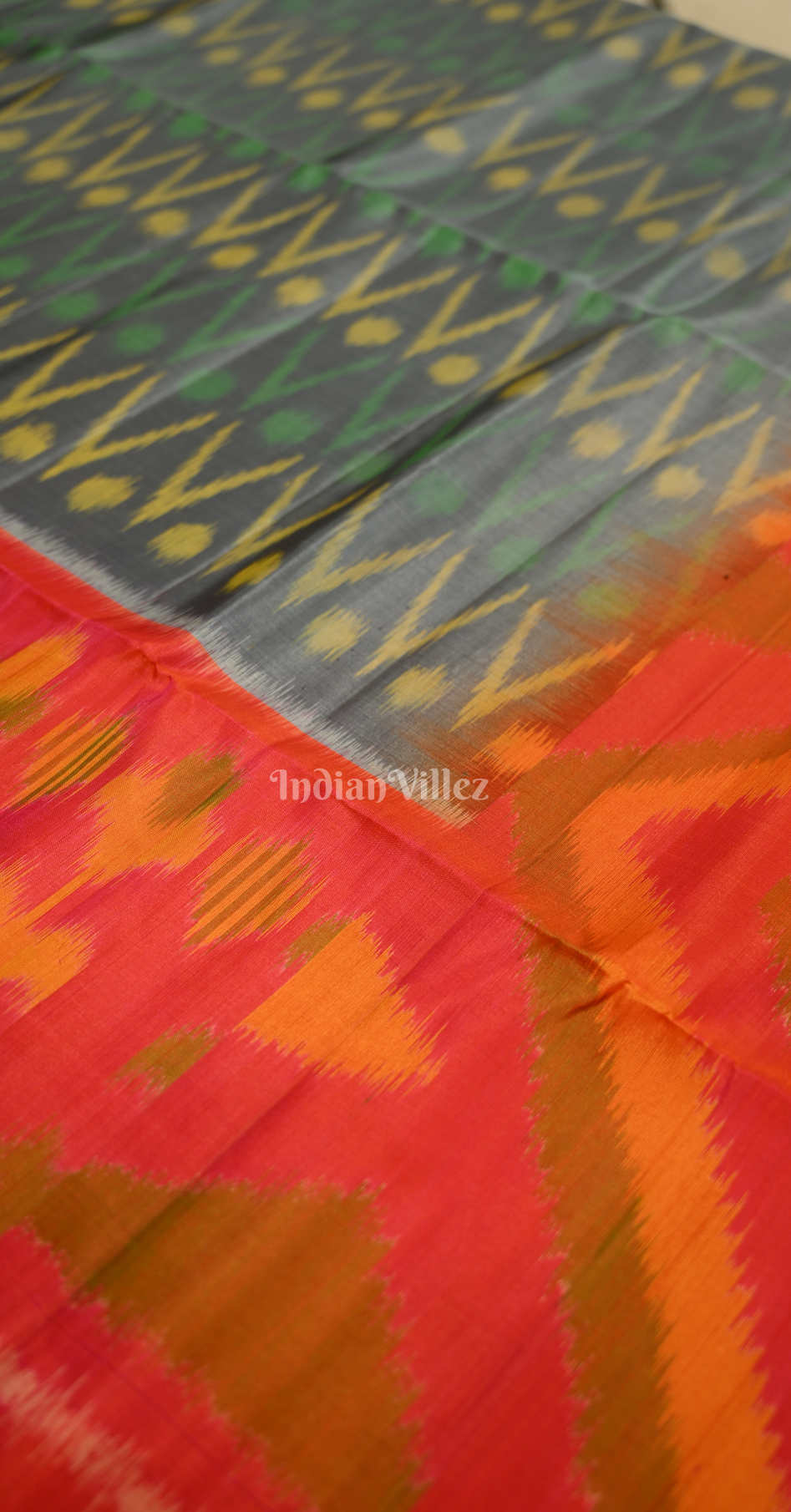 Grey Red Pochampally Ikat Silk Saree
