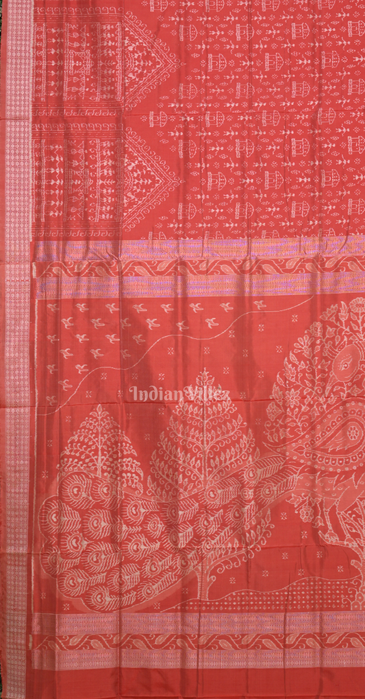 Exclusive Red House Tribals Odisha Ikat Sambalpuri Silk Saree with Peacock Anchal