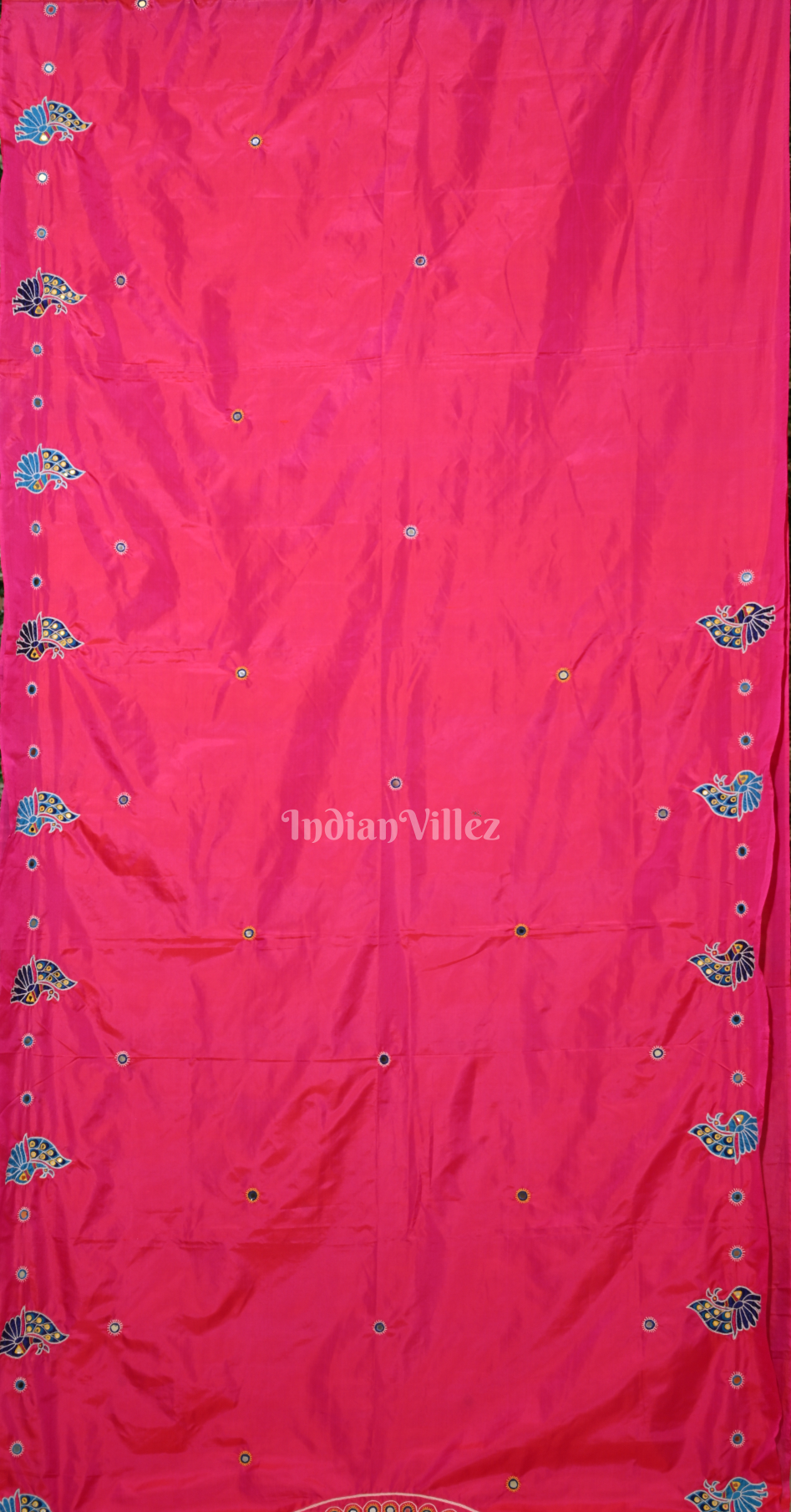 Rani Pink Blue Applique Work Hand Embroidered Saree 