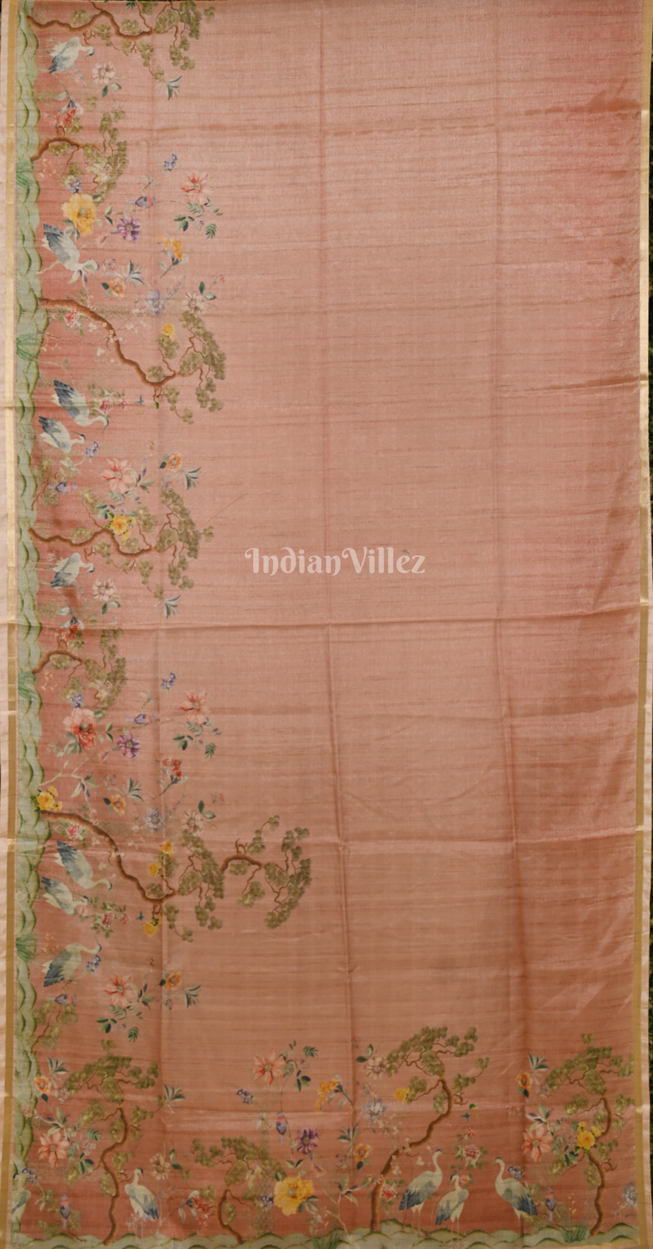 Peach Golden Tusasr Silk Saree with Floral Embroidery Work