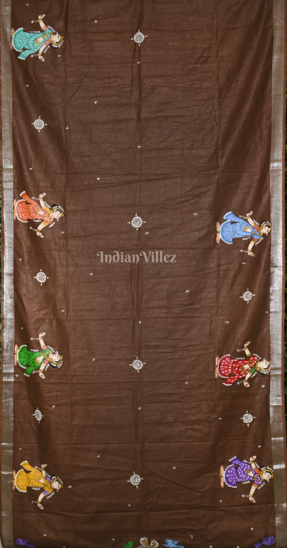 Brown Krishna Raas Leela  Hand-Painted Pattachitra Saree (Linen)