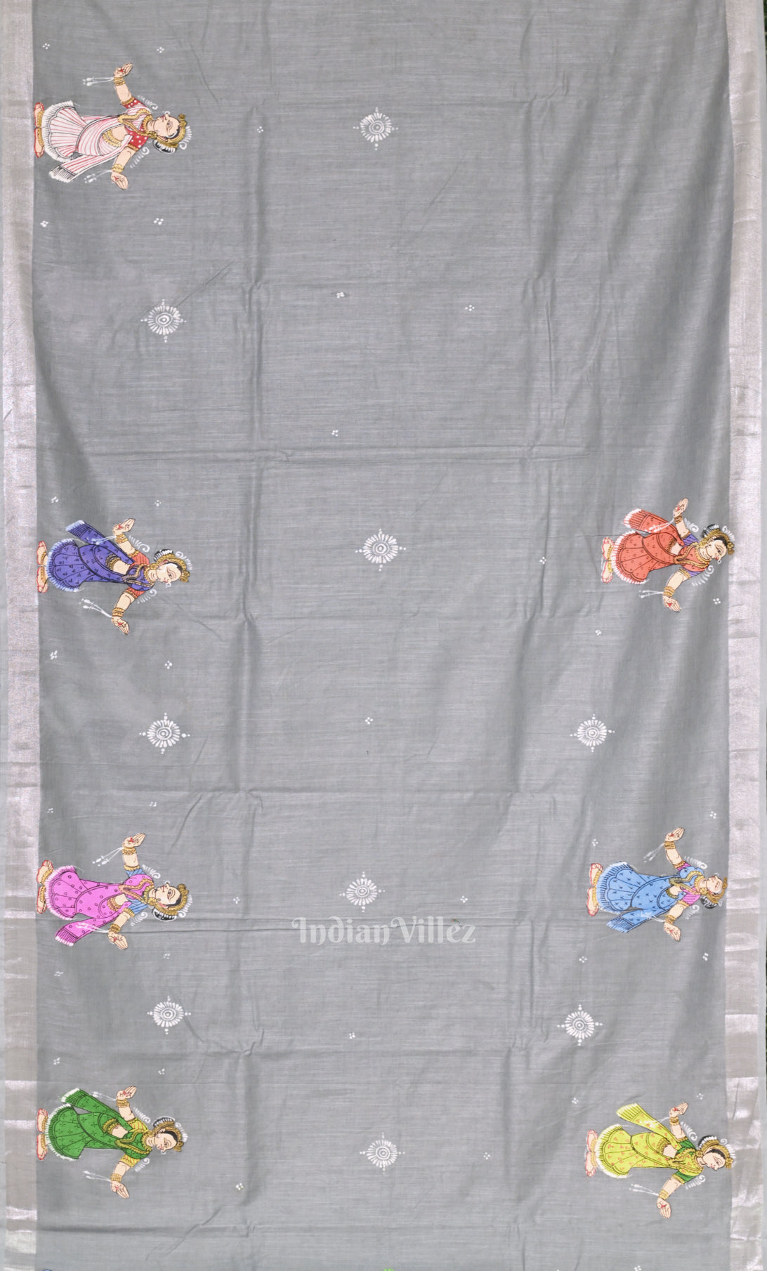 Grey Radha Krishna Raasleela Hand-Painted Pattachitra Saree 