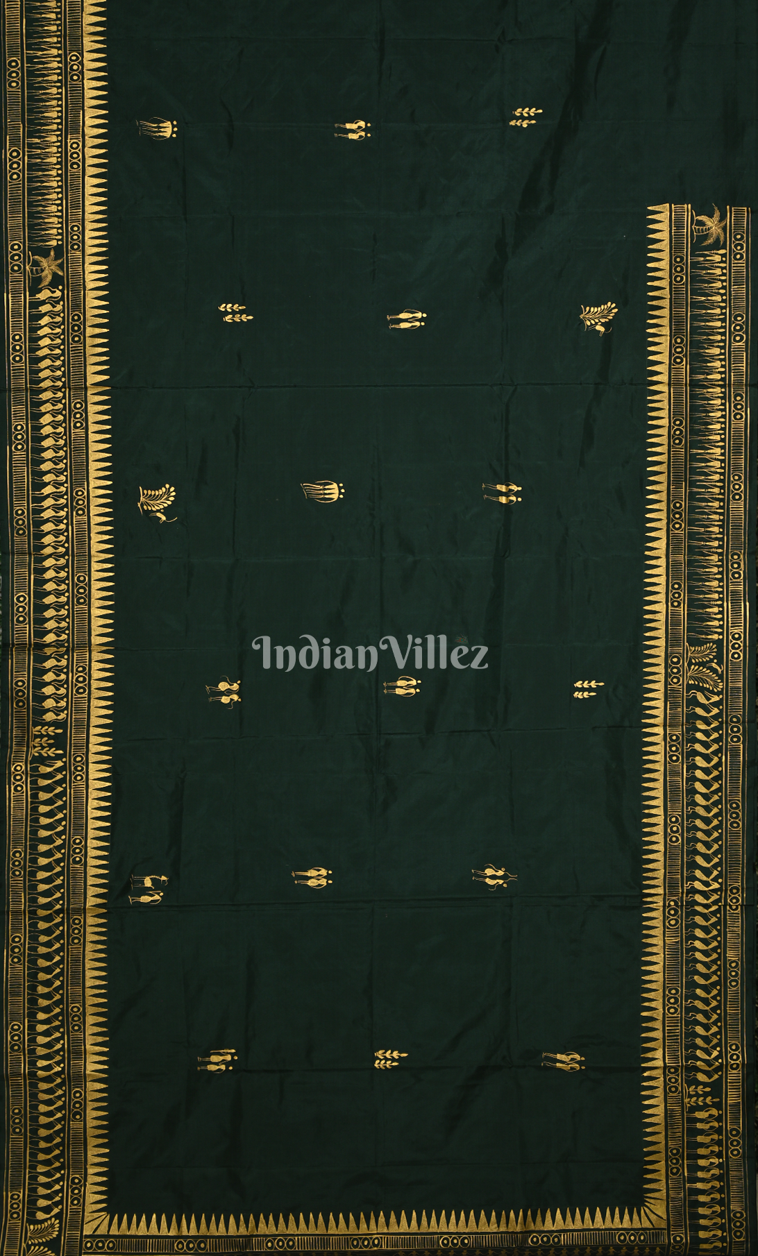 Bottle Green Tribal Konark Chakra Hand-Painted Pattachitra Saree 