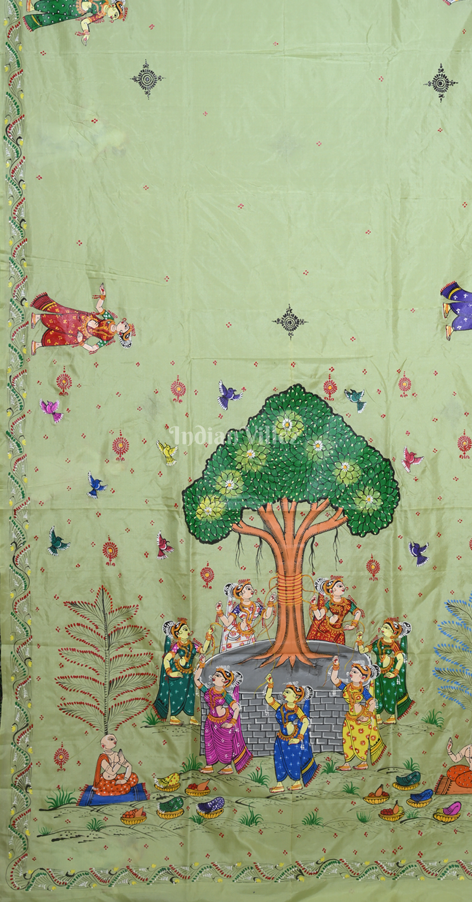 Pista Green Vat Savitri Theme  Hand-Painted Pattachitra Saree 