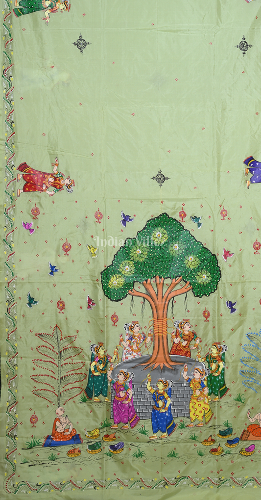 Pista Green Vat Savitri Theme  Hand-Painted Pattachitra Saree 