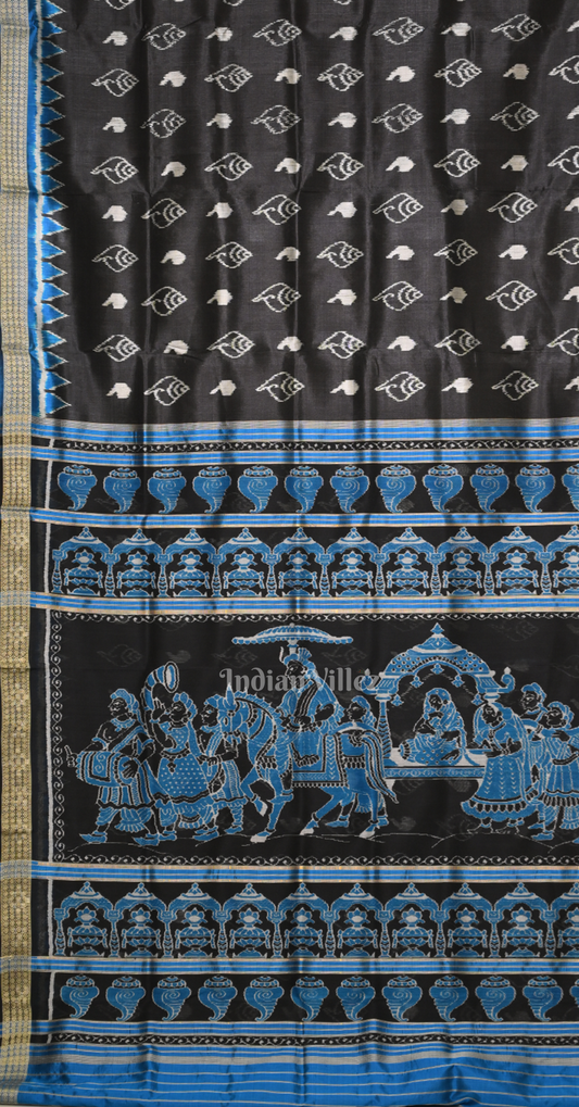 Black Blue Sankha Motif Odisha Ikat Sambalpuri Silk Saree with Doli Barat Pallu
