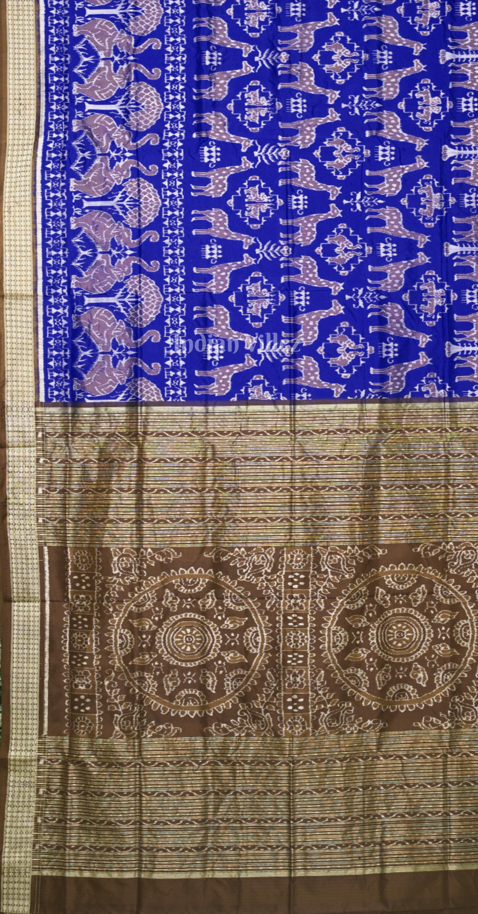 Blue Brown Deer Motif Odisha Ikat Sambalpuri Silk Saree 